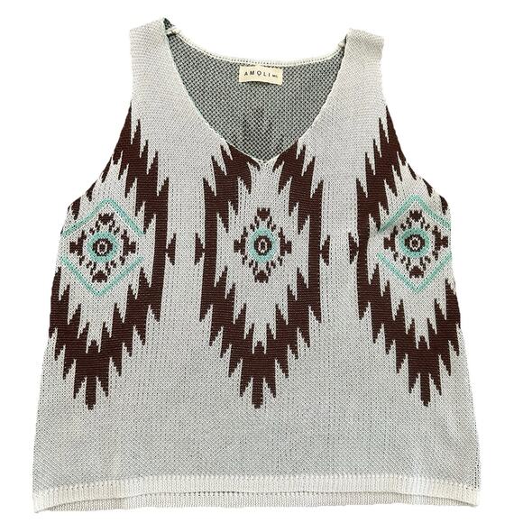 Amoli Size M/L Aztec Boho Tank Top Knitted Tribal Knit Short Ivory Sweater - Picture 1 of 10